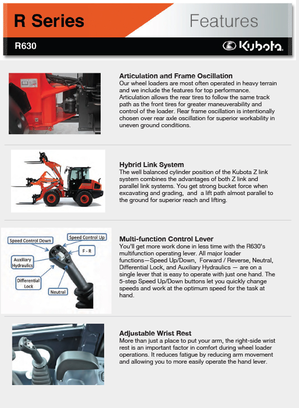 kubota R630 features